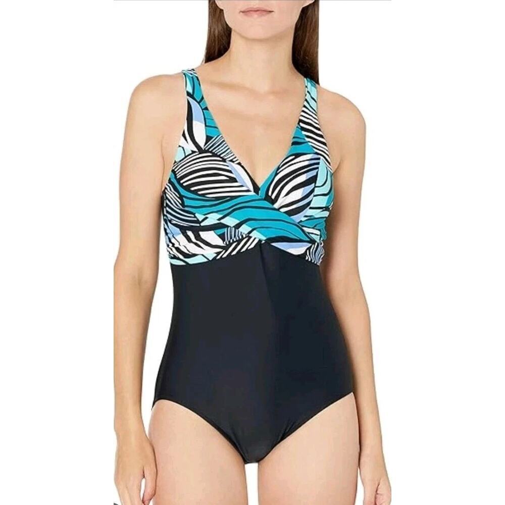 Maxine Of Hollywood Emerald Zebra One Piece Swimsuit 12 Drape Front Teal Black